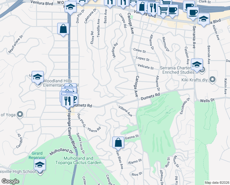map of restaurants, bars, coffee shops, grocery stores, and more near 4938 Medina Road in Los Angeles
