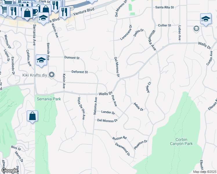 map of restaurants, bars, coffee shops, grocery stores, and more near 4819 Poe Avenue in Los Angeles