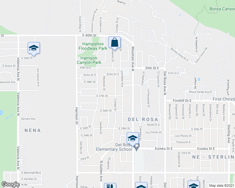 map of restaurants, bars, coffee shops, grocery stores, and more near 3705 Conejo Drive in San Bernardino