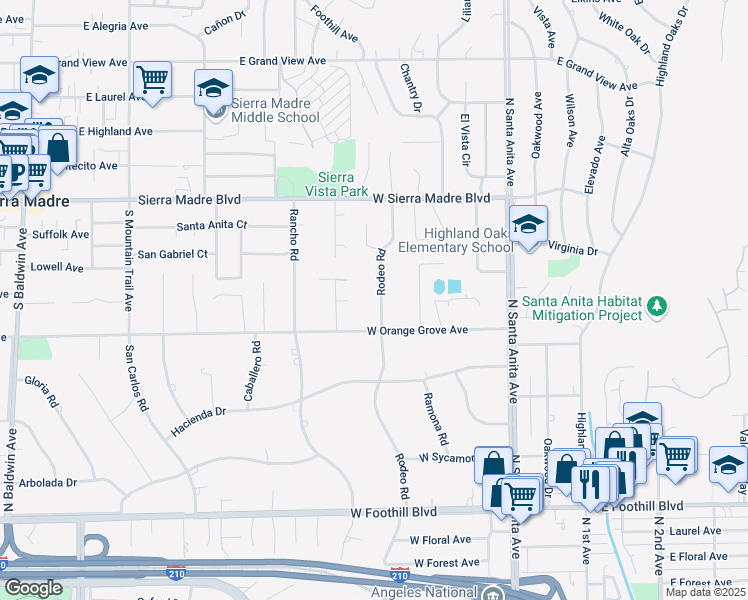 map of restaurants, bars, coffee shops, grocery stores, and more near 1531 Rodeo Road in Arcadia