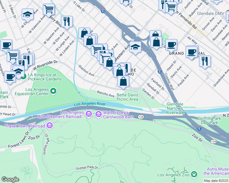 map of restaurants, bars, coffee shops, grocery stores, and more near 1562 Riverside Drive in Glendale