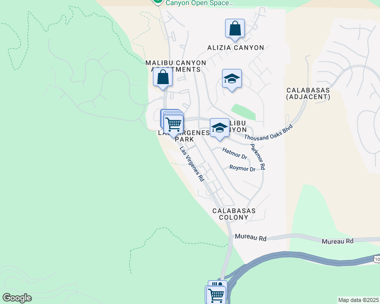 map of restaurants, bars, coffee shops, grocery stores, and more near 5538 Las Virgenes Road in Calabasas
