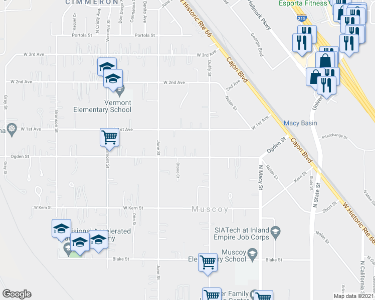 map of restaurants, bars, coffee shops, grocery stores, and more near 2236 Ogden Street in Muscoy
