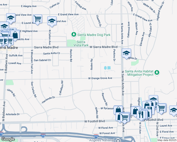 map of restaurants, bars, coffee shops, grocery stores, and more near 1531 Rodeo Road in Arcadia