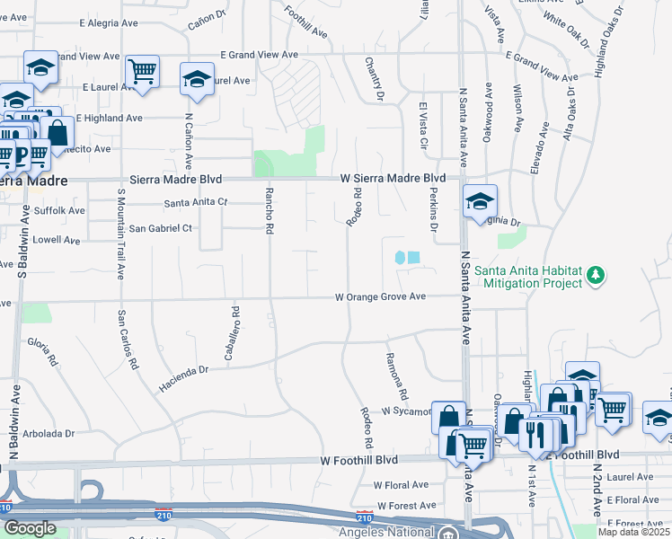 map of restaurants, bars, coffee shops, grocery stores, and more near 1527 Rodeo Road in Arcadia