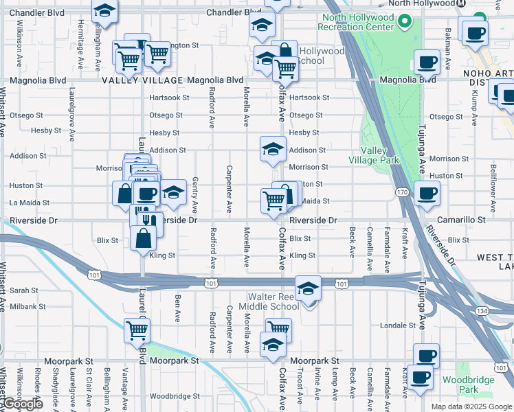 map of restaurants, bars, coffee shops, grocery stores, and more near 11746 La Maida Street in Los Angeles