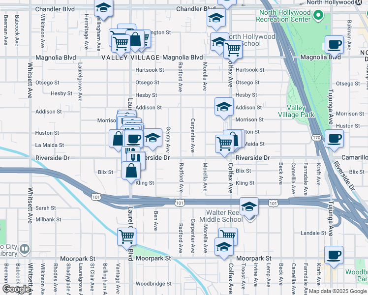 map of restaurants, bars, coffee shops, grocery stores, and more near 4828 Radford Avenue in Los Angeles