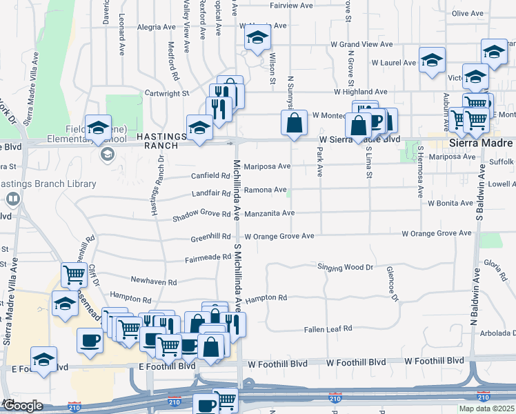 map of restaurants, bars, coffee shops, grocery stores, and more near 685 Manzanita Avenue in Sierra Madre