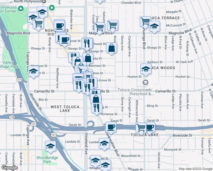 map of restaurants, bars, coffee shops, grocery stores, and more near 10815 Camarillo Street in Los Angeles