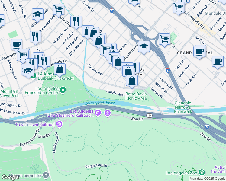 map of restaurants, bars, coffee shops, grocery stores, and more near 1625 Rancho Avenue in Glendale