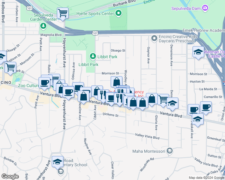 map of restaurants, bars, coffee shops, grocery stores, and more near 4830 Valjean Avenue in Los Angeles