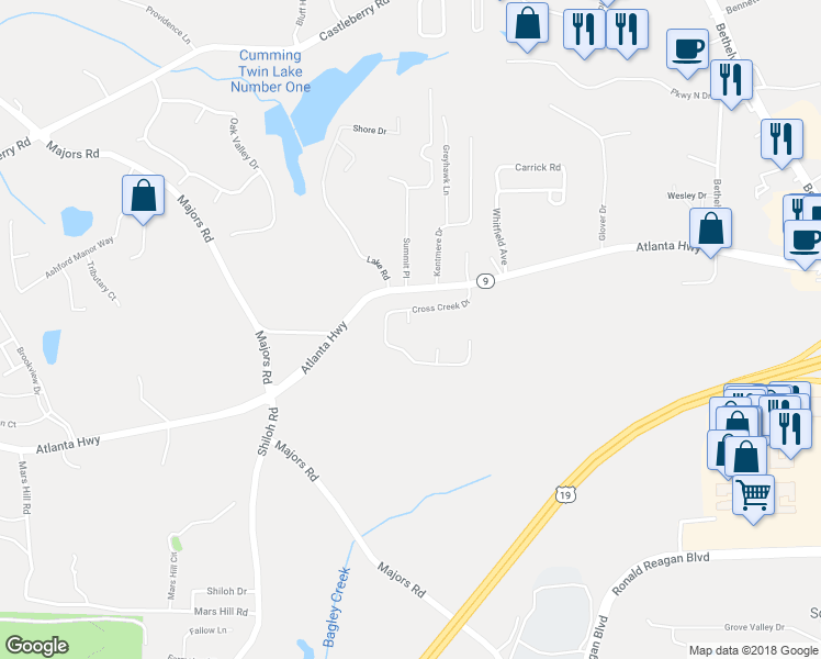 map of restaurants, bars, coffee shops, grocery stores, and more near 3022 Amberglen Court in Cumming