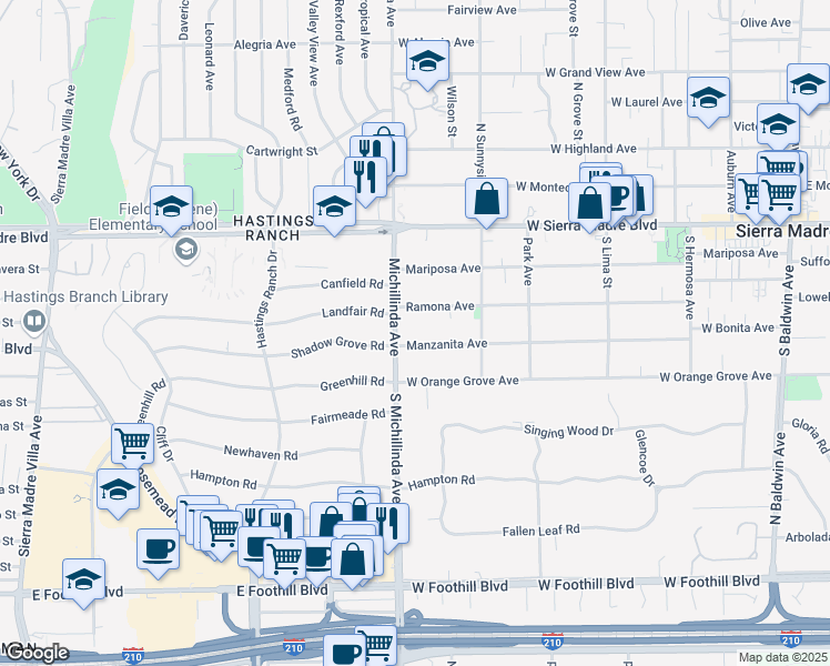 map of restaurants, bars, coffee shops, grocery stores, and more near 703 Manzanita Avenue in Sierra Madre