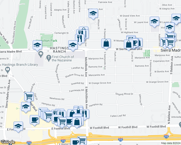 map of restaurants, bars, coffee shops, grocery stores, and more near 703 Manzanita Avenue in Sierra Madre