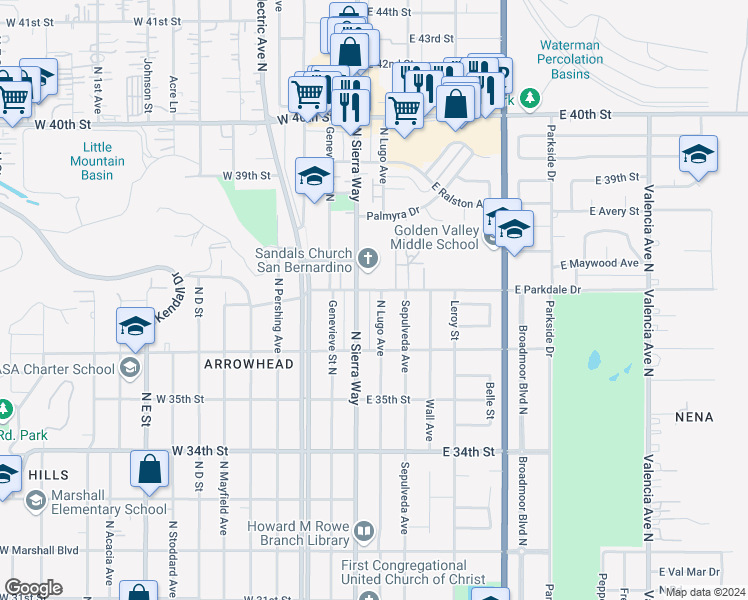 map of restaurants, bars, coffee shops, grocery stores, and more near 3688 North Lugo Avenue in San Bernardino