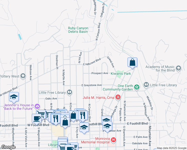 map of restaurants, bars, coffee shops, grocery stores, and more near 320 North Canyon Boulevard in Monrovia