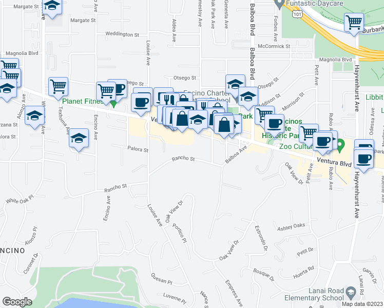 map of restaurants, bars, coffee shops, grocery stores, and more near 17070 Rancho Street in Los Angeles