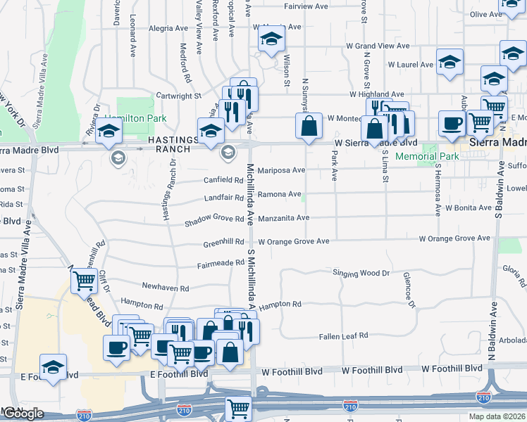 map of restaurants, bars, coffee shops, grocery stores, and more near 703 Manzanita Avenue in Sierra Madre