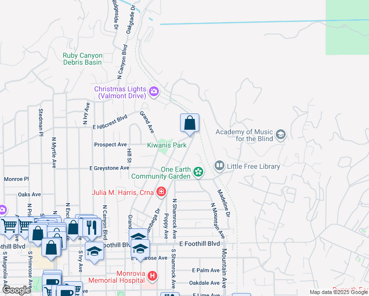 map of restaurants, bars, coffee shops, grocery stores, and more near 349 Norumbega Road in Monrovia