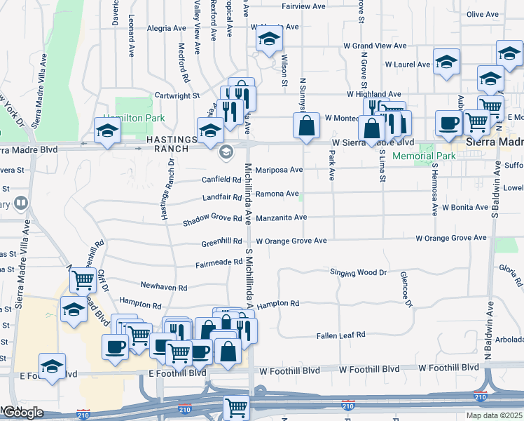 map of restaurants, bars, coffee shops, grocery stores, and more near 650 Manzanita Avenue in Sierra Madre