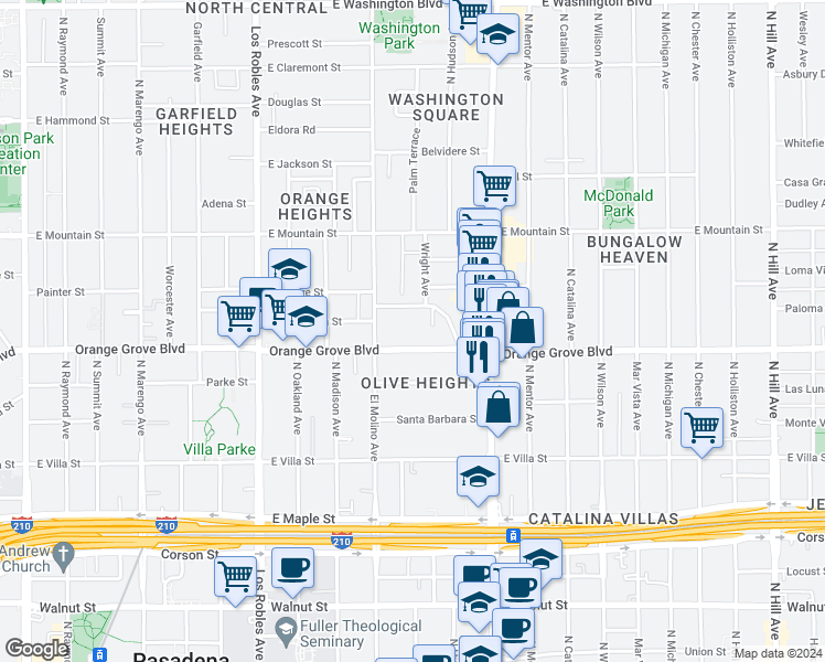 map of restaurants, bars, coffee shops, grocery stores, and more near 727 East Orange Grove Boulevard in Pasadena