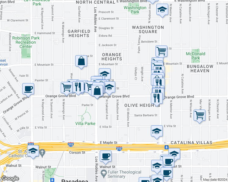 map of restaurants, bars, coffee shops, grocery stores, and more near 585 East Orange Grove Boulevard in Pasadena