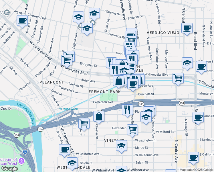 map of restaurants, bars, coffee shops, grocery stores, and more near in Glendale