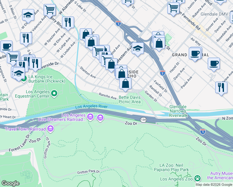 map of restaurants, bars, coffee shops, grocery stores, and more near 1533 Rancho Avenue in Glendale