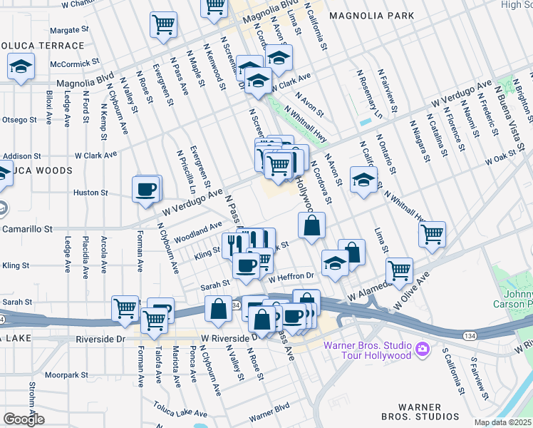 map of restaurants, bars, coffee shops, grocery stores, and more near 472-498 N Pass Ave in Burbank