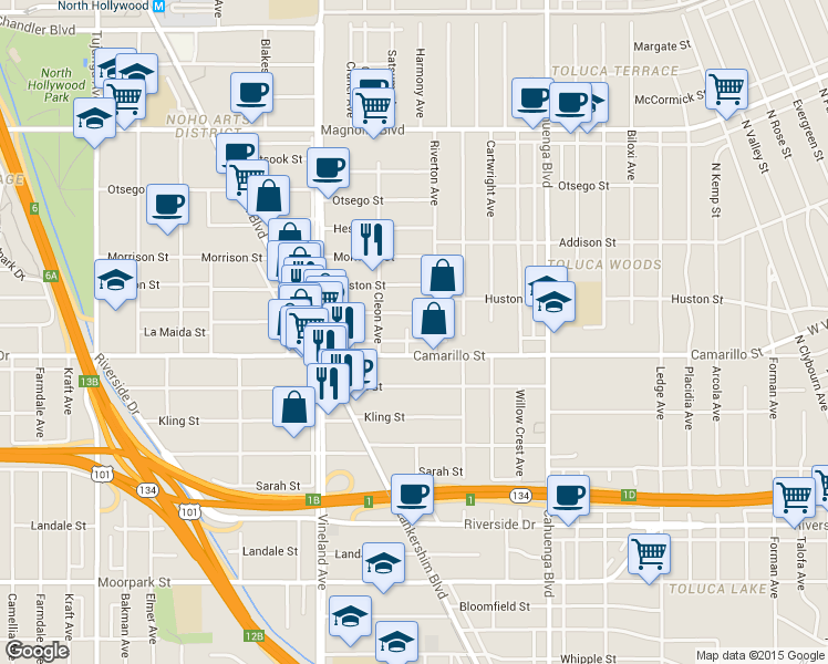 map of restaurants, bars, coffee shops, grocery stores, and more near 10815 Camarillo Street in Los Angeles