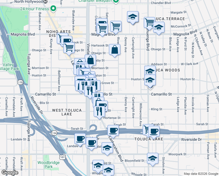 map of restaurants, bars, coffee shops, grocery stores, and more near 10815 Camarillo Street in Los Angeles