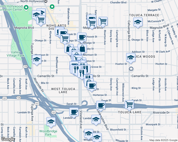 map of restaurants, bars, coffee shops, grocery stores, and more near 4817 Craner Avenue in Los Angeles