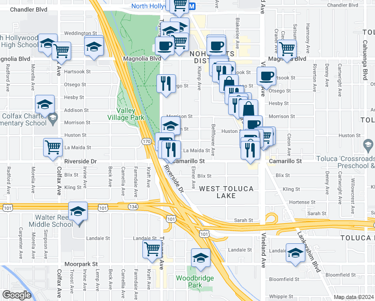 map of restaurants, bars, coffee shops, grocery stores, and more near 11273 Camarillo Street in Los Angeles