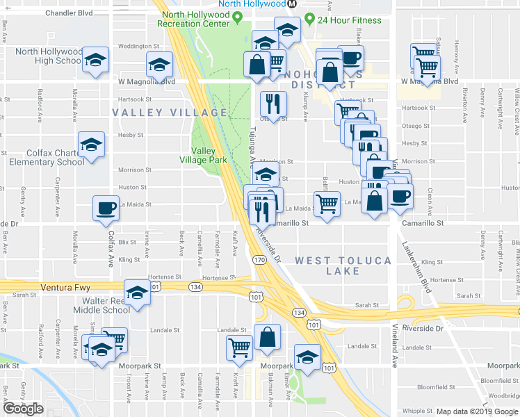 map of restaurants, bars, coffee shops, grocery stores, and more near 11331 Camarillo Street in Los Angeles