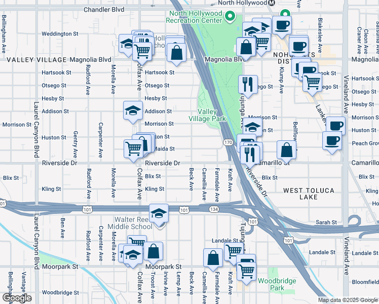 map of restaurants, bars, coffee shops, grocery stores, and more near 11531 Riverside Drive in Los Angeles