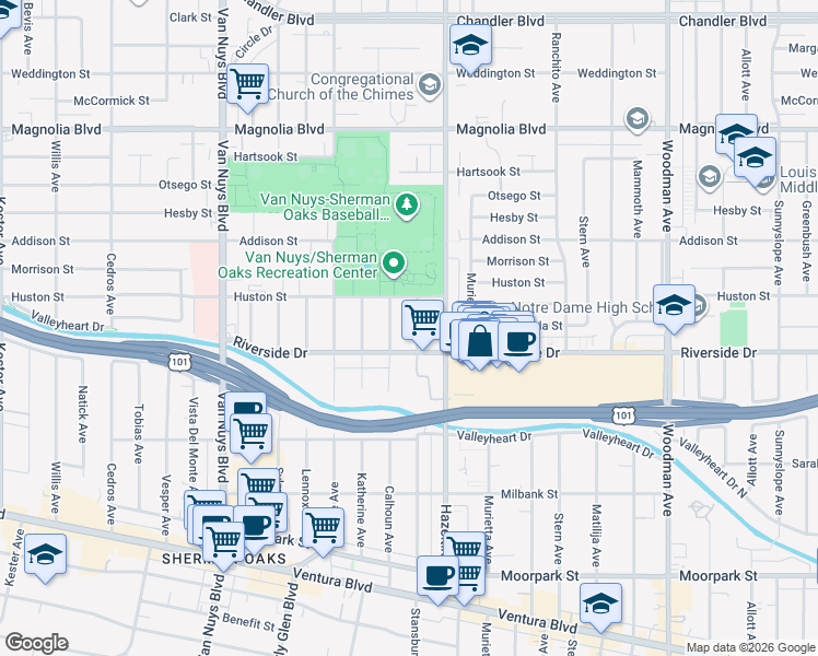 map of restaurants, bars, coffee shops, grocery stores, and more near 14141 Riverside Drive in Los Angeles
