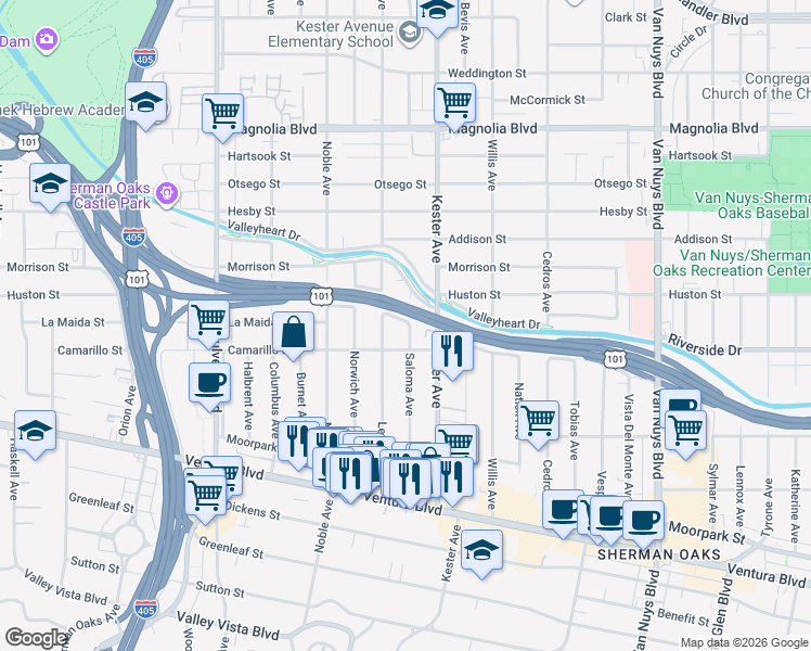 map of restaurants, bars, coffee shops, grocery stores, and more near 4812 Saloma Avenue in Los Angeles