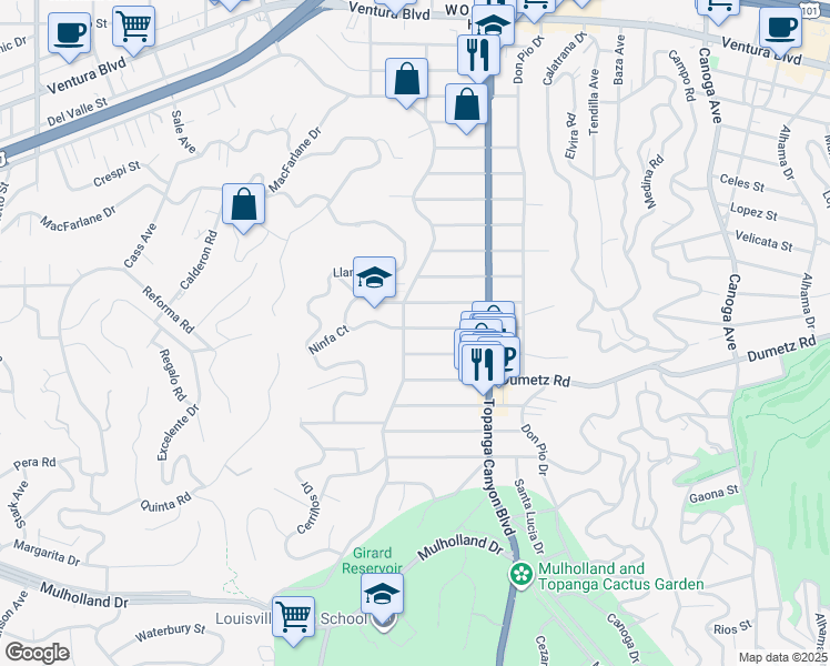 map of restaurants, bars, coffee shops, grocery stores, and more near 22101 Providencia Street in Los Angeles