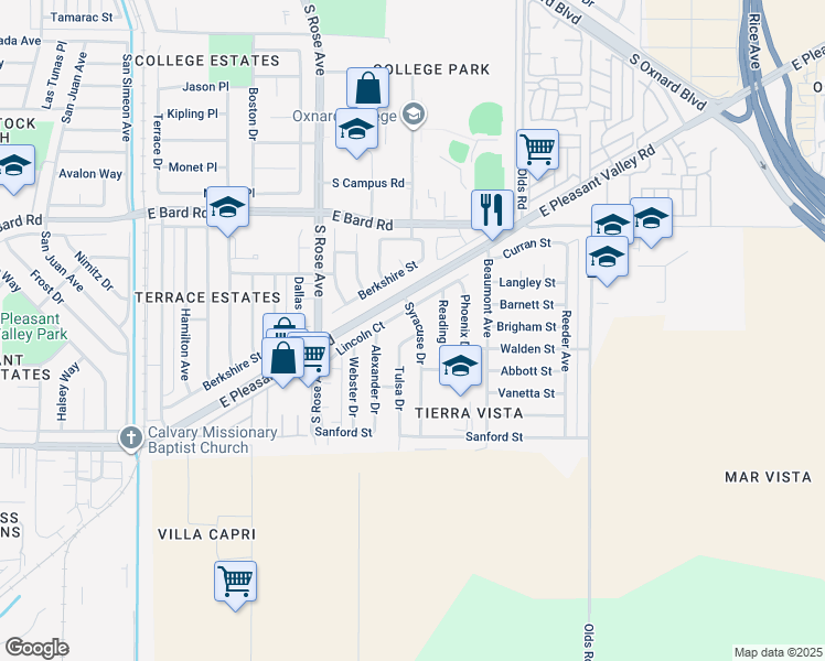 map of restaurants, bars, coffee shops, grocery stores, and more near 4621 Syracuse Drive in Oxnard