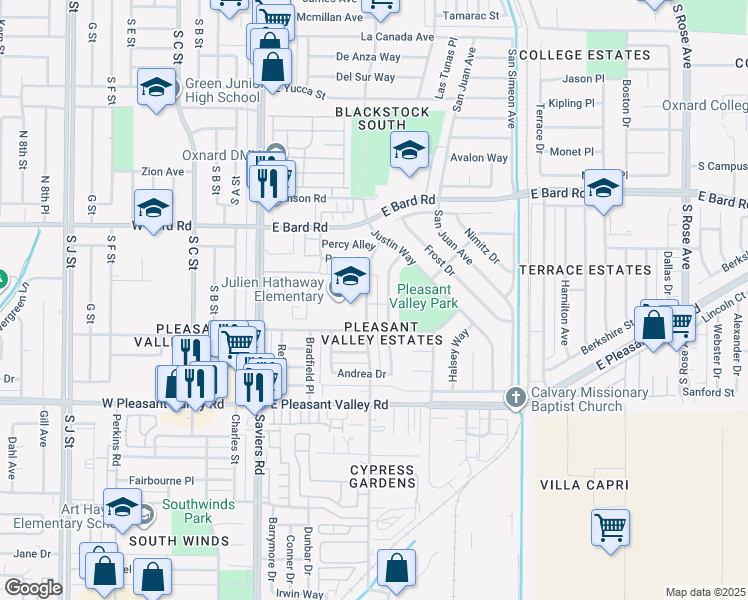 map of restaurants, bars, coffee shops, grocery stores, and more near 405 East Dollie Street in Oxnard
