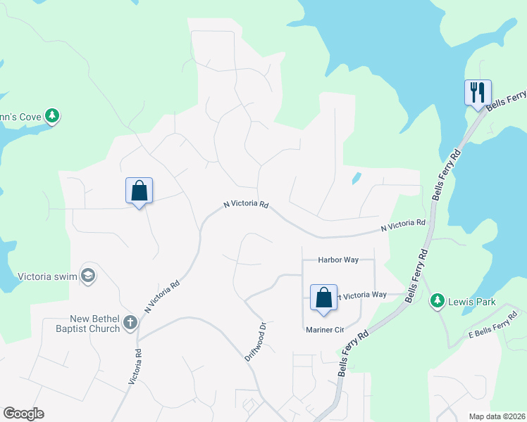 map of restaurants, bars, coffee shops, grocery stores, and more near 355 North Victoria Road in Woodstock