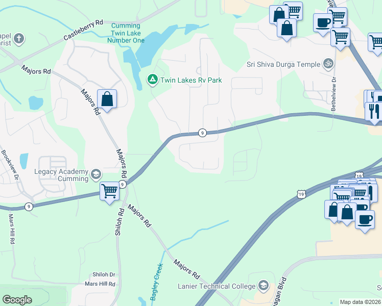 map of restaurants, bars, coffee shops, grocery stores, and more near 3022 Amberglen Court in Cumming