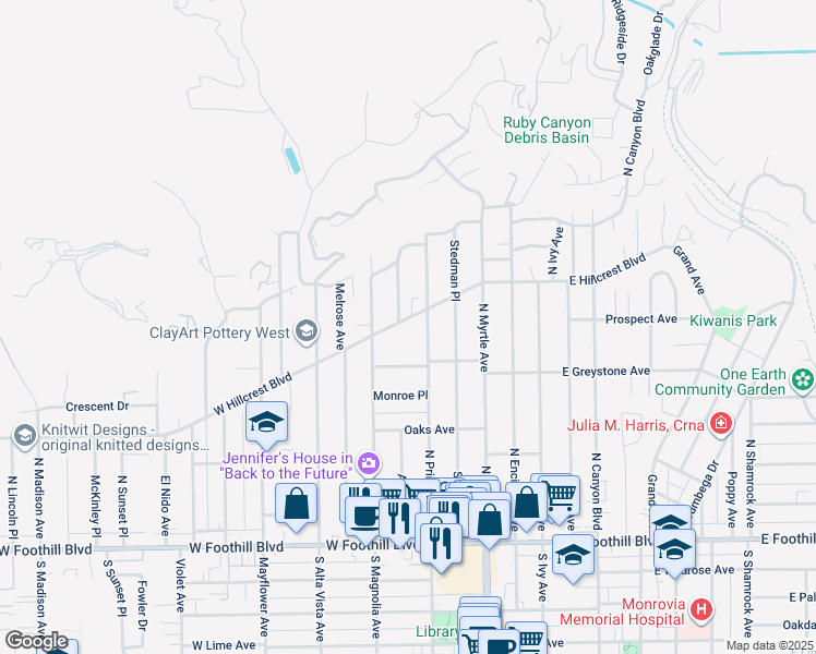 map of restaurants, bars, coffee shops, grocery stores, and more near 220 West Hillcrest Boulevard in Monrovia