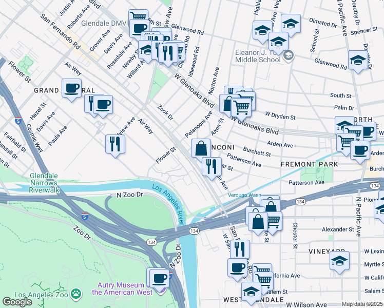 map of restaurants, bars, coffee shops, grocery stores, and more near 5820 San Fernando Road in Glendale