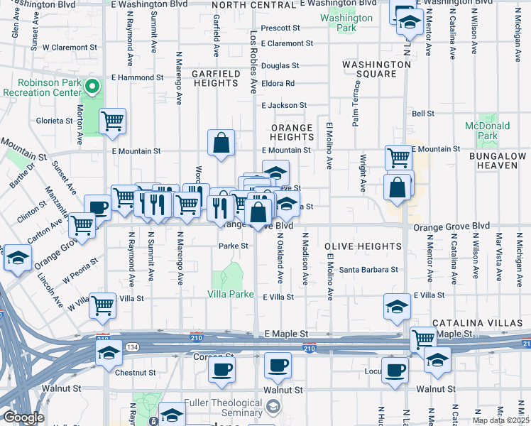 map of restaurants, bars, coffee shops, grocery stores, and more near in Pasadena