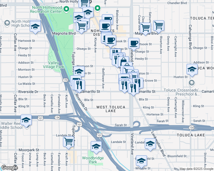 map of restaurants, bars, coffee shops, grocery stores, and more near 4820 Bellflower Avenue in Los Angeles