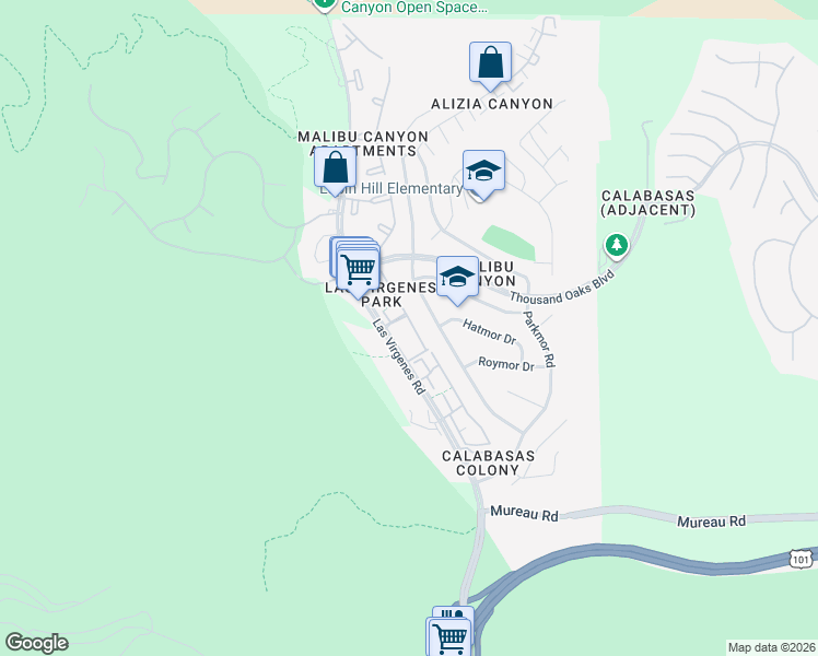 map of restaurants, bars, coffee shops, grocery stores, and more near 5542 Las Virgenes Road in Calabasas