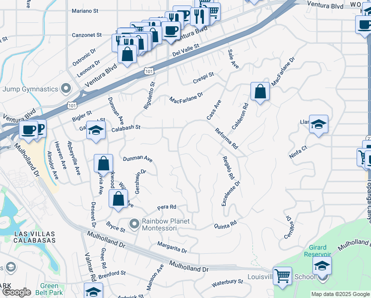 map of restaurants, bars, coffee shops, grocery stores, and more near 22666 Cavalier Street in Los Angeles