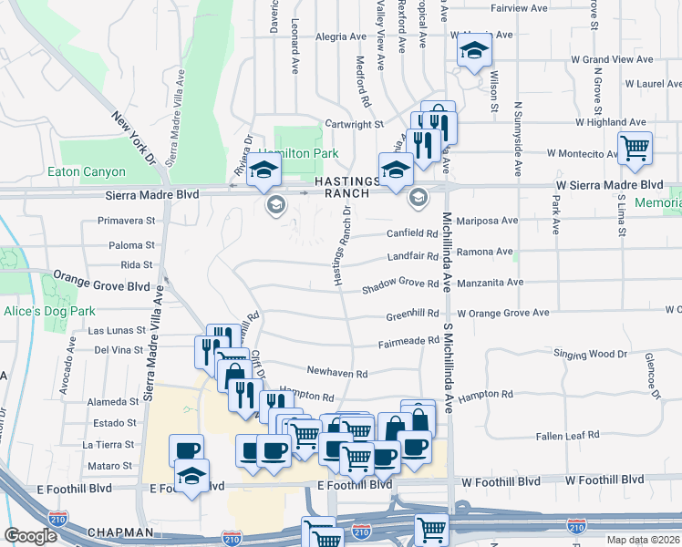 map of restaurants, bars, coffee shops, grocery stores, and more near 3735 Shadow Grove Road in Pasadena