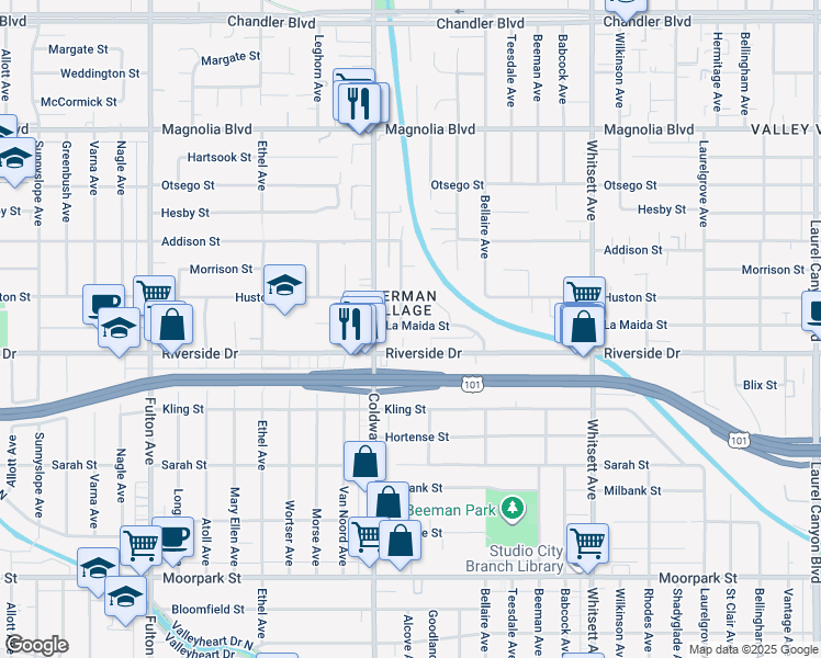 map of restaurants, bars, coffee shops, grocery stores, and more near 4875 Bluebell Avenue in Los Angeles